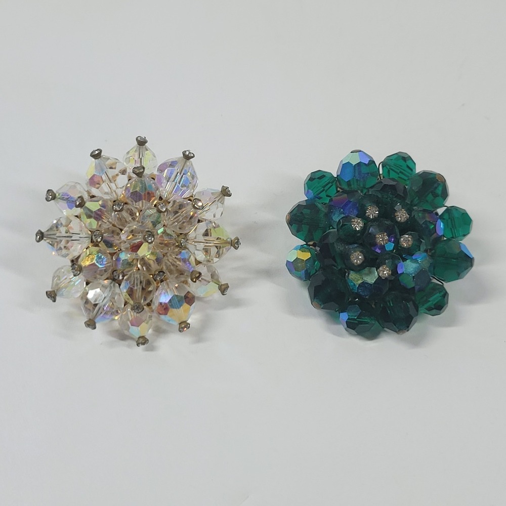 Vintage 1950s Unmarked Vendome Faceted‎ Green And Clear Crystal Brooch Set Of 2
